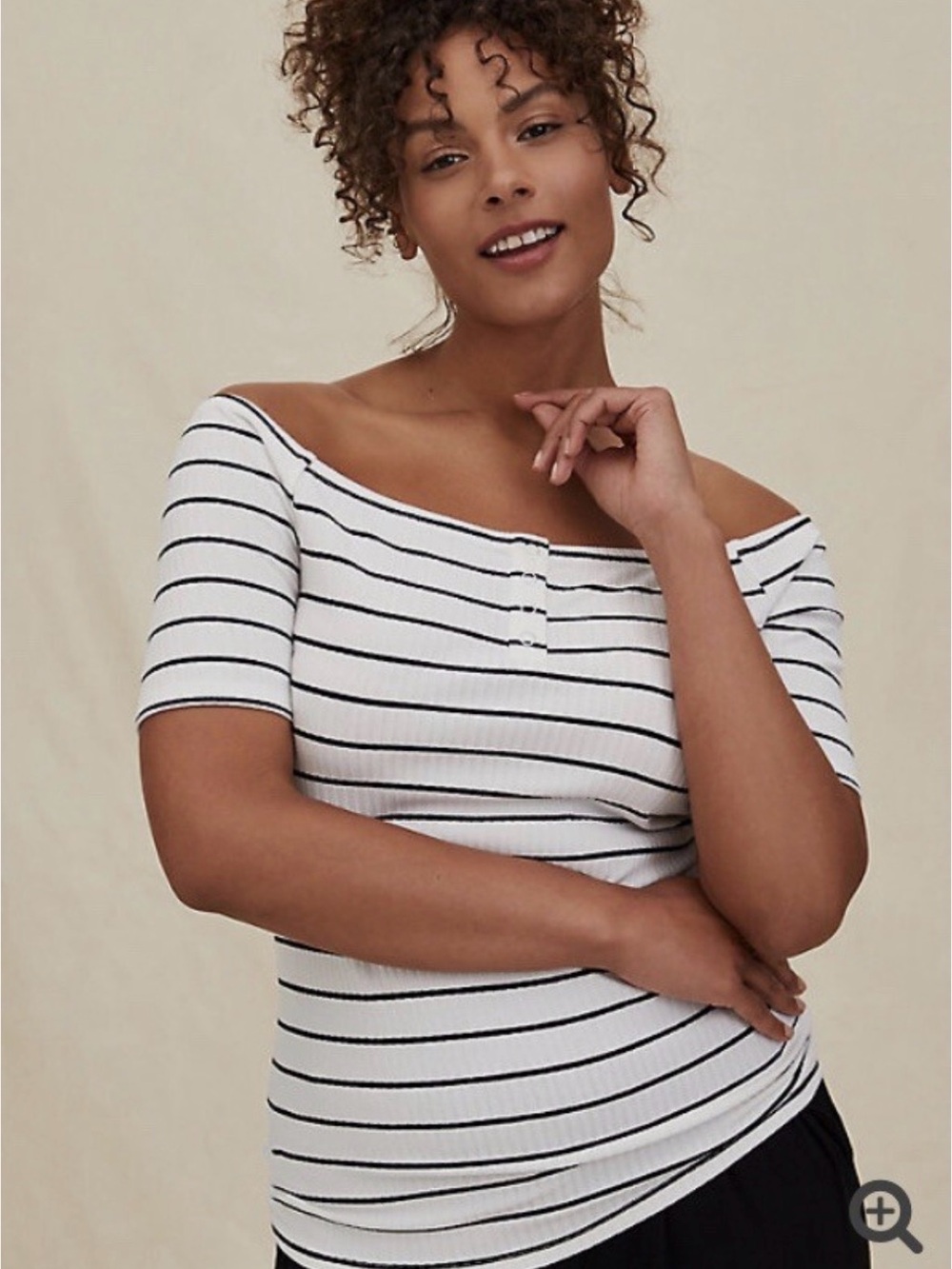 torrid White Ribbed Off-Shoulder Top with Black Stripes